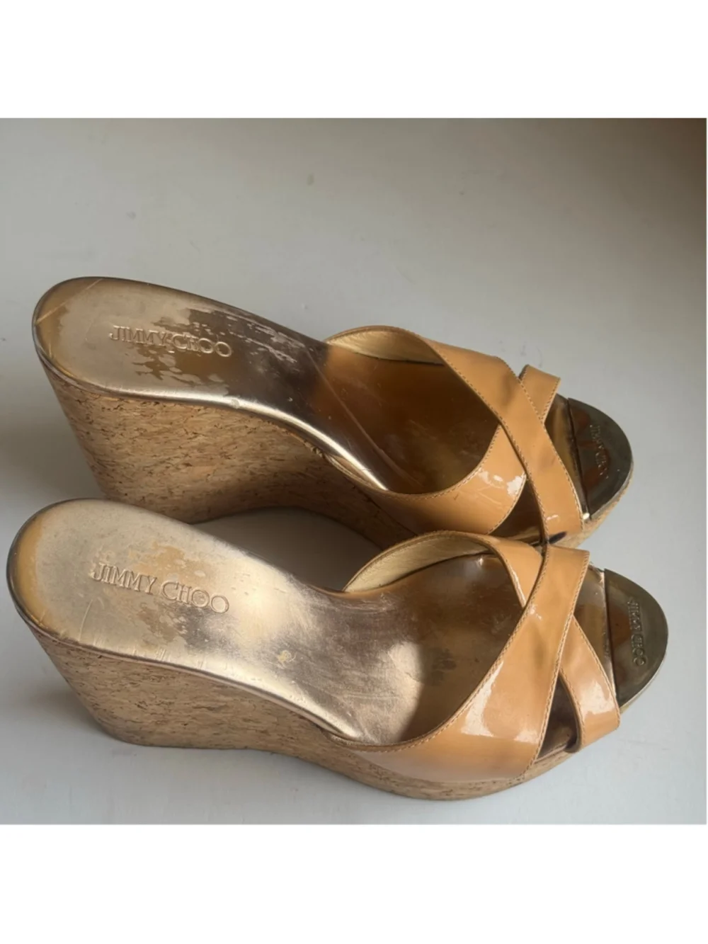 Jimmy Choo Nude Patent Leather Cork Wedge Slide Sandals Size 38 Spain US 8